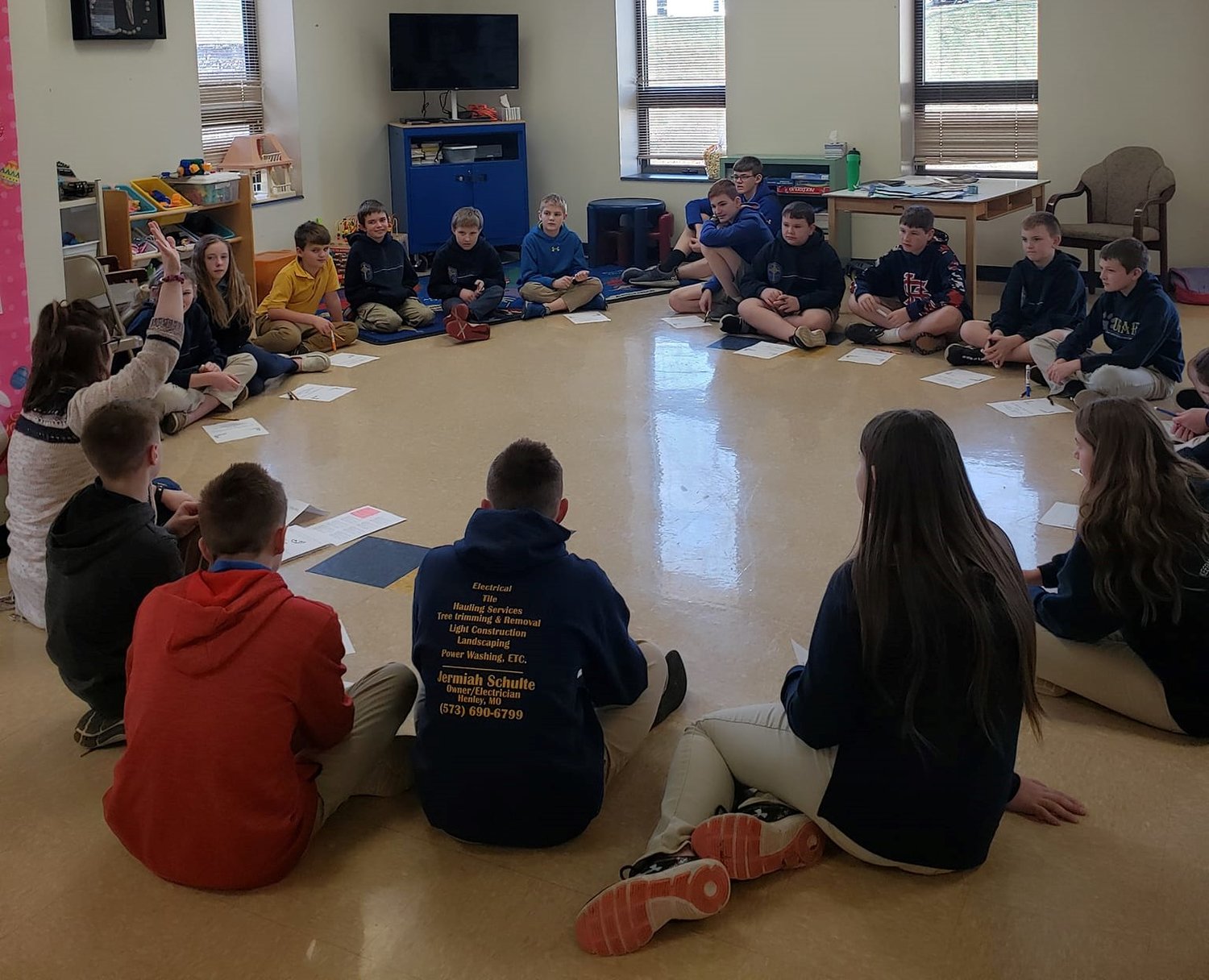 Dala Hemeyer, Director of Counseling Services for Catholic Charities of Central and Northern Missouri, teaches a lesson from the “Mission Secret Saints” curriculum at Our Lady of the Snows School in Mary’s Home in March.